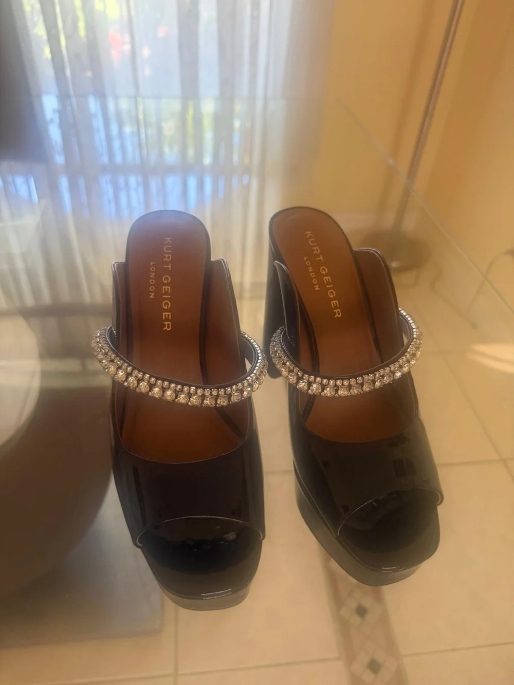 Kurt Geiger Black Patent Platform Mules with Crystal Strap Accent